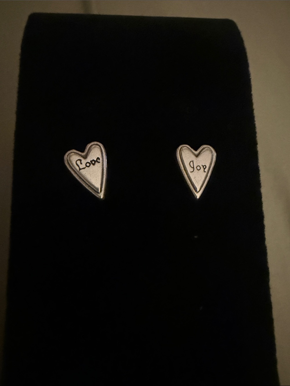 Brighton heart stud earrings, silver, “joy” and “love”